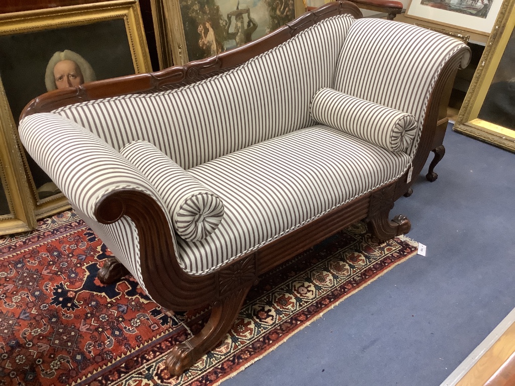 A William IV and later mahogany scroll arm settee, length 186cm, width 60cm, height 95cm